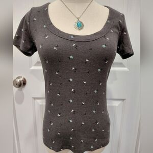 Old Navy Charcoal Scoop Neck Tee with Mint and White Floral Print Sz S #0596